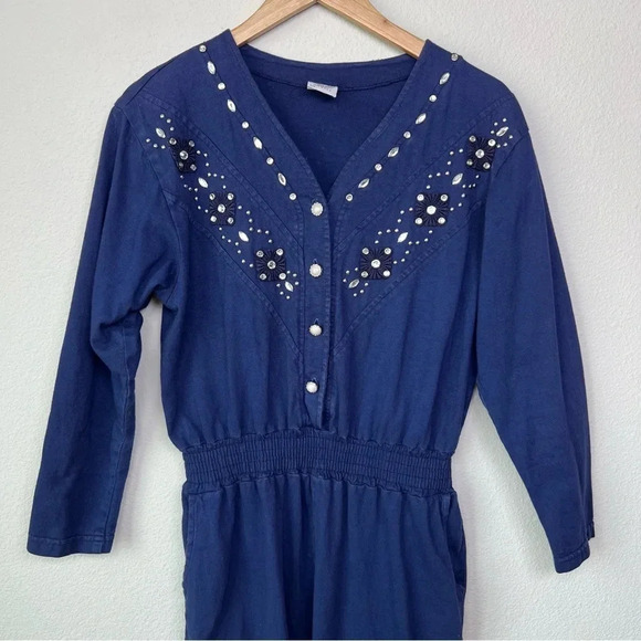 Vintage 80’s Western Bedazzled Jumpsuit Navy Blue small - Picture 4 of 12